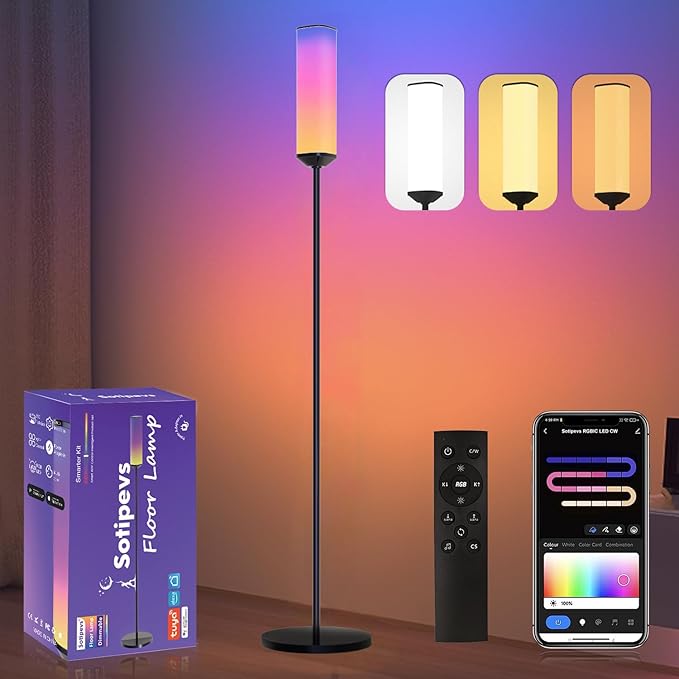 RGB Floor Lamp with Remote Control, LED Corner Lamp Works with Alexa, 1200 Lumens Bright Lamp for Office, 44+ Scenes, DIY Mode, Music Sync, Modern Floor Lamp for Bedroom, Living Room - LeafyLoom