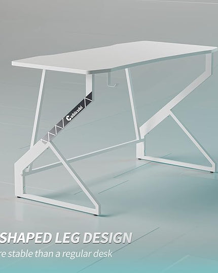 CubiCubi Simple Gaming Desk Z Shaped 40 inch Gamer Workstation, Home Computer Carbon Fiber Surface Gaming Desk PC Table with Headphone Hook, White - LeafyLoom