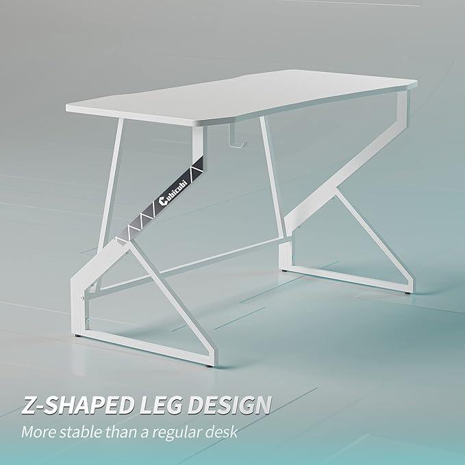 CubiCubi Simple Gaming Desk Z Shaped 40 inch Gamer Workstation, Home Computer Carbon Fiber Surface Gaming Desk PC Table with Headphone Hook, White - LeafyLoom