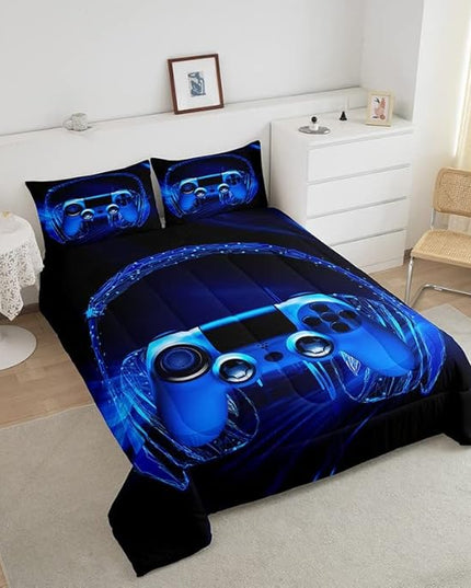 Feelyou Gamer Bedding Set Kids Video Game Gamepad Comforter Set for Boys Teens Gaming Headset Comforter Blue Game Controller Duvet Set Room Decor Quilt King Size Boys - LeafyLoom