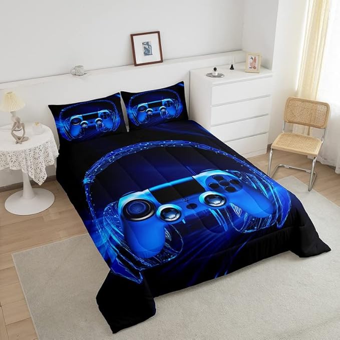 Gamer Bedding Set Kids Video Game Gamepad Comforter Set for Boys Teens Gaming Headset Comforter Breathable Blue Game Controller Duvet Set Room Decor Quilt Set Full Size - LeafyLoom
