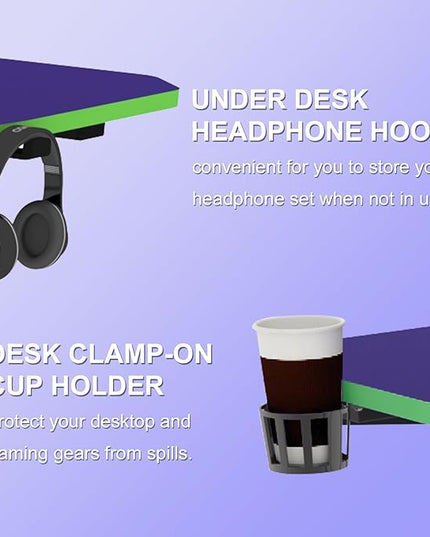 63 Inch Gaming Desk, with Carbon Fiber Surface, Lightning-Shaped PC Computer Table, with Headphone Holder, Cup Holder, Cable Management Box, Gaming Table for Gamer, Purple&Green - LeafyLoom