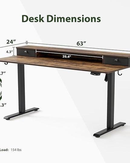 63 x 24 Inches Height Adjustable Electric Standing Desk with 2 Drawers, Stand Up Electric Desk Adjustable Height, Sit Stand Computer Gaming Table with Splice Board, Rustic Brown - LeafyLoom