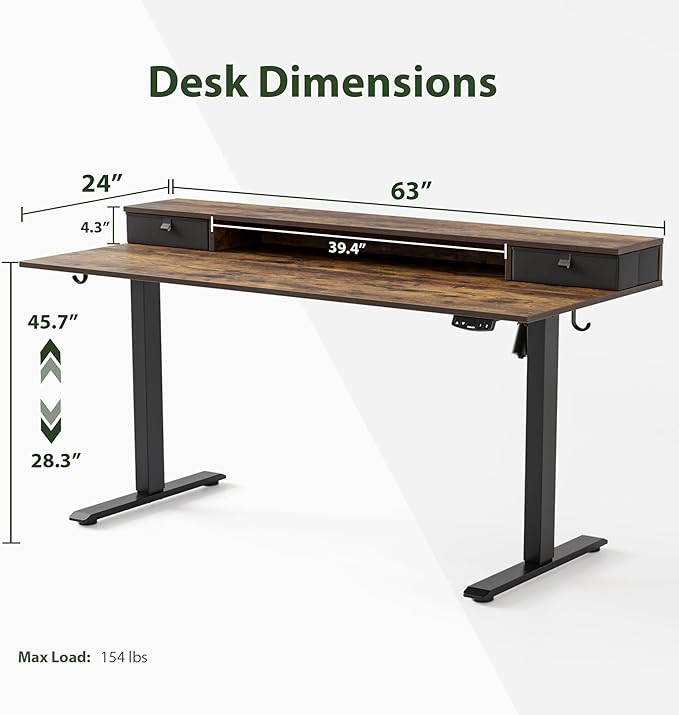 63 x 24 Inches Height Adjustable Electric Standing Desk with 2 Drawers, Stand Up Electric Desk Adjustable Height, Sit Stand Computer Gaming Table with Splice Board, Rustic Brown - LeafyLoom