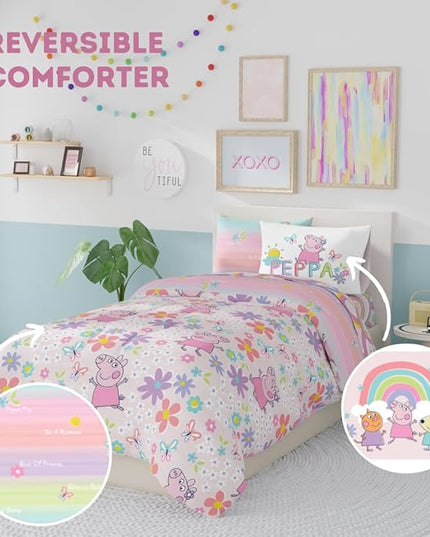 Franco Peppa Pig Kids Bedding Super Soft Comforter and Sheet Set with Sham, 5 Piece Twin Size, (Officially Licensed Product) - LeafyLoom