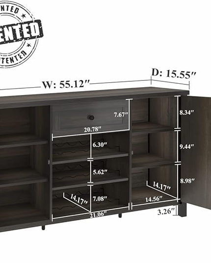 FATORRI Industrial Buffet Cabinet with Storage, Farmhouse Sideboard Cabinet with Wine Rack, Rustic Wood Coffee Bar Cabinet for Kitchen (55.12 Inch, Walnut Brown) - LeafyLoom