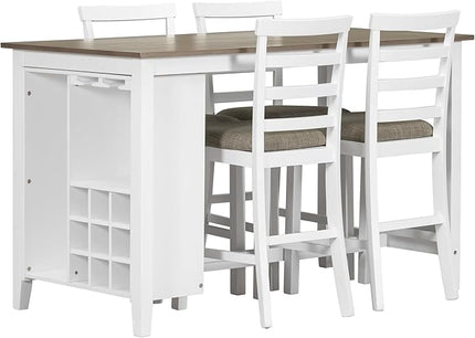 RITSU Modern 5-Piece Dining Set, Multi-Functional Counter Height Dinette Suit with Padded Chairs and Integrated 9 Bar Wine Compartment, Wineglass Holders for Home Kitchen, Brown+White Wash - LeafyLoom