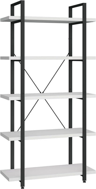 Panana 5 Tier Industrial Rustic Wooden Bookshelves, Vintage Open Wood and Metal Farmhouse Bookshelf Heavy Duty Storage Shelving Unit Rack (White) - LeafyLoom