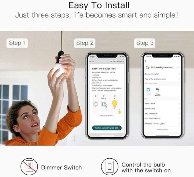 TREATLIFE Smart Light Bulbs, 2.4GHz WiFi LED Light Bulb, Dimmable Smart Bulb Compatible with Alexa, Google Home, SmartThings, UL Certified Warm White& Cool White(2700K-6500K), 800LM, E26, A19, 9W TREATLIFE