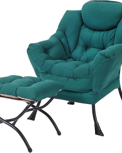 Lazy Chair with Ottoman, Modern Accent Chair Contemporary Lounge Leisure Upholstered Sofa Chair Set with Armrests, Reading Chair for Living Room, Bedroom, Office, Dark Green - LeafyLoom