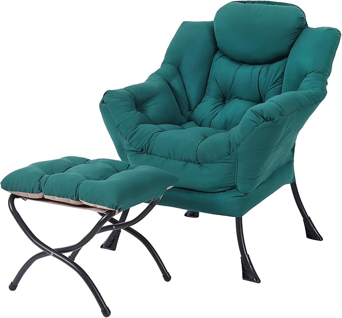 Lazy Chair with Ottoman, Modern Accent Chair Contemporary Lounge Leisure Upholstered Sofa Chair Set with Armrests, Reading Chair for Living Room, Bedroom, Office, Dark Green - LeafyLoom