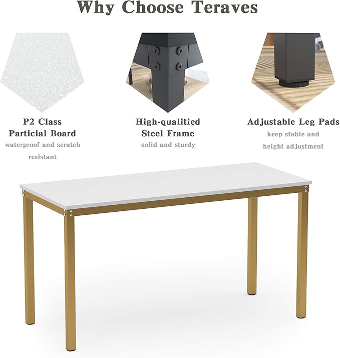 Teraves Computer Desk/Dining Table Office Desk Sturdy Writing Workstation for Home Office(47.24”, White+Golden Frame) - LeafyLoom