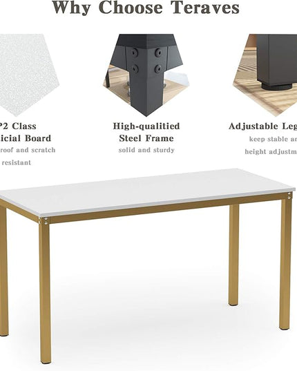 Teraves Computer desk/Dining Table Office Desk Sturdy Writing Workstation for Home Office (55.11“, White+Golden Frame) - LeafyLoom