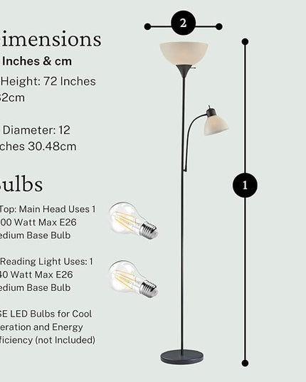 LIGHTACCENTS Adjustable Black Floor Lamp, 72'', Reading Light, Modern Style, Tall Lamp for Living Room, Bedroom, Office - LeafyLoom