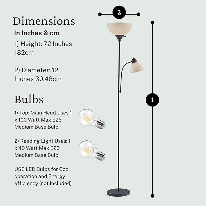 LIGHTACCENTS Adjustable Black Floor Lamp, 72'', Reading Light, Modern Style, Tall Lamp for Living Room, Bedroom, Office - LeafyLoom
