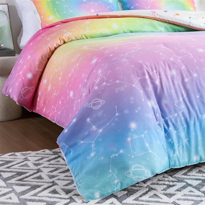 Holawakaka Tie Dye Constellation Print Rainbow Ombre Comforter Set Full Size Girls Boys Gradient Galaxy Bedding Sets Teens Boho Bed Set(Multi,Full) - LeafyLoom