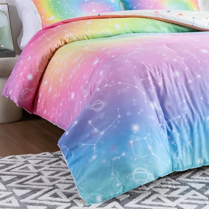 Holawakaka Tie Dye Constellation Print Rainbow Ombre Comforter Set Queen Size Girls Boys Gradient Galaxy Bedding Sets Teens Boho Bed Set(Multi,Queen) - LeafyLoom