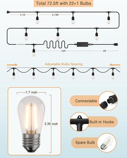 XMCOSY+ Smart Outdoor String Lights, 72.5 Ft Patio Lights with 22 Edison Shatterproof Bulbs, APP & WiFi Control Dimmable Outdoor Light, Work with Alexa, IP65 Waterproof LED String Light for Outside XMcosy