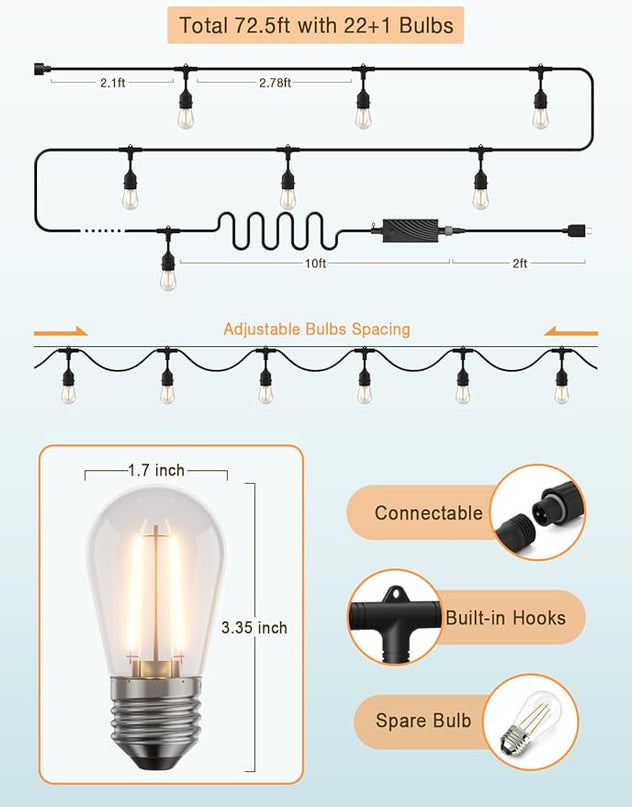 XMCOSY+ Smart Outdoor String Lights, 72.5 Ft Patio Lights with 22 Edison Shatterproof Bulbs, APP & WiFi Control Dimmable Outdoor Light, Work with Alexa, IP65 Waterproof LED String Light for Outside XMcosy