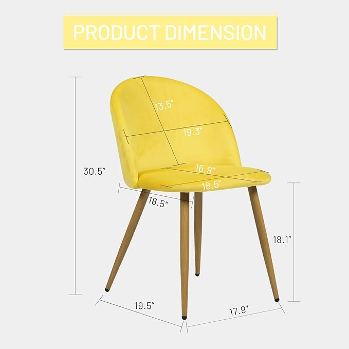 FurnitureR Upholstered Velvet Dining Chair Mid Back Armless with Wood Legs for Home Kitchen Bedroom Living Room, Set of 2, Yellow - LeafyLoom