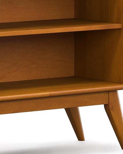 SIMPLIHOME Draper SOLID HARDWOOD 30 inch x 64 inch Mid Century Modern Low Bookcase in Teak Brown for The Living Room, Study Room and Office - LeafyLoom