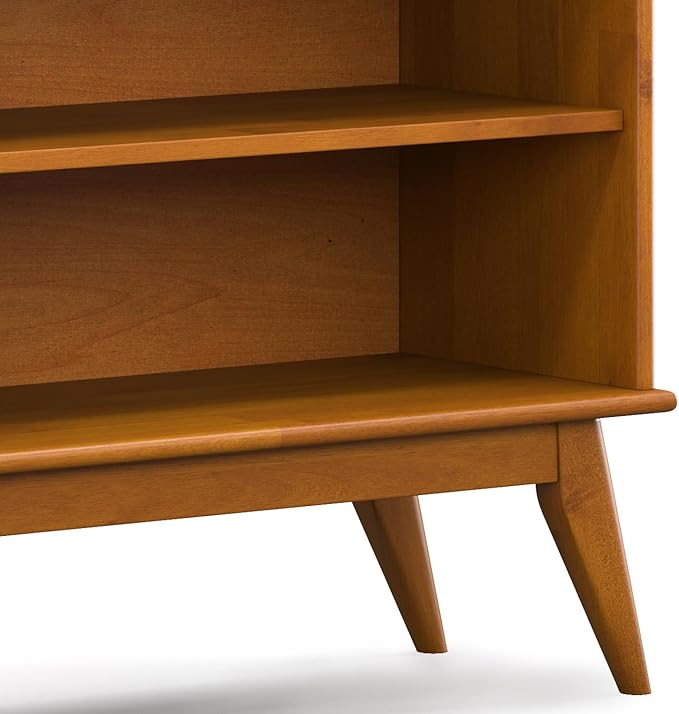 SIMPLIHOME Draper SOLID HARDWOOD 30 inch x 64 inch Mid Century Modern Low Bookcase in Teak Brown for The Living Room, Study Room and Office - LeafyLoom