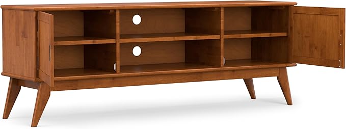 SIMPLIHOME Draper Solid Hardwood Wide Mid Century Modern Media Stand for TVs up to 80 inches for The Living Room and Entertainment Center, 72 inch, Teak Brown - LeafyLoom