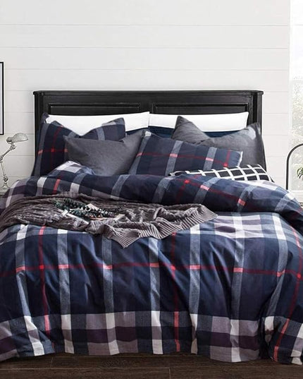 Navy Plaid Comforter Set Queen Checkered Bedding Set Navy Blue Tartan Grid Comforter Striped for Women Adult Navy Blue Checkered Blanket Set Dark Navy Queen Bed Comforter Set - LeafyLoom