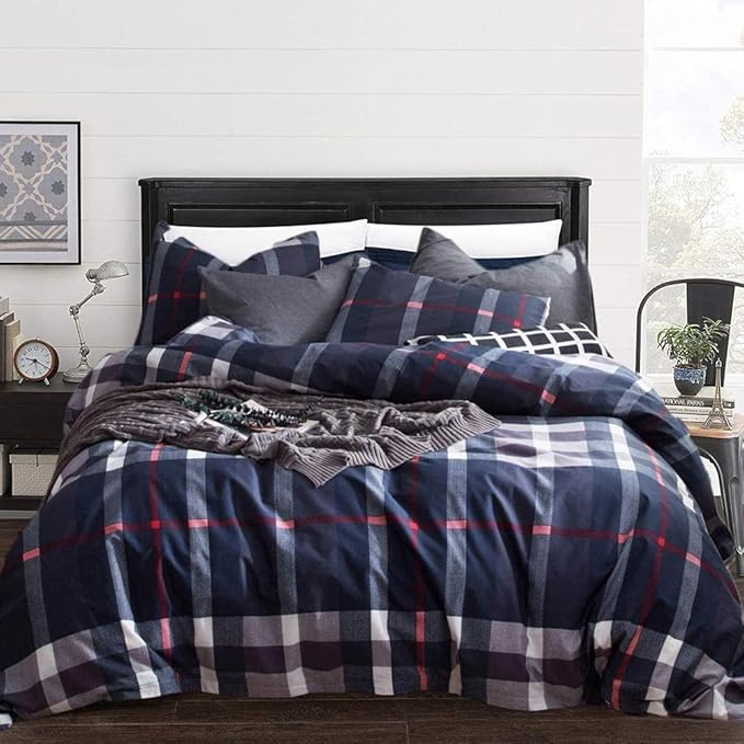 Navy Plaid Comforter Set Queen Checkered Bedding Set Navy Blue Tartan Grid Comforter Striped for Women Adult Navy Blue Checkered Blanket Set Dark Navy Queen Bed Comforter Set - LeafyLoom