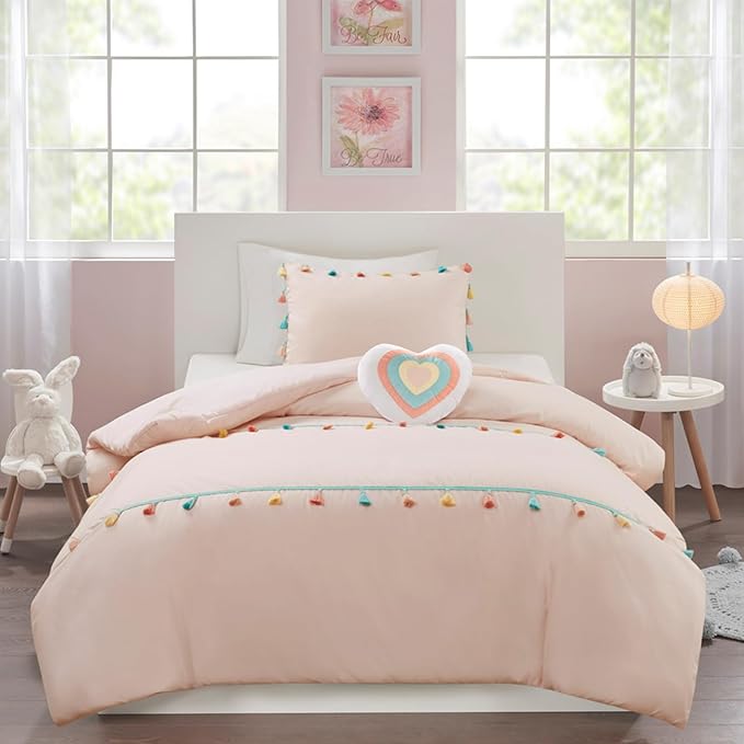 Mi Zone Kids Twin Comforter Set for Girls, Pink Comforter SetTwin Comforter Set, Tessa Adorable Twin Bedding Sets for Girls, Fun Pom Pom Tassel, Sham, Boho Heart Throw Pillow, Twin, Blush 3 Piece - LeafyLoom