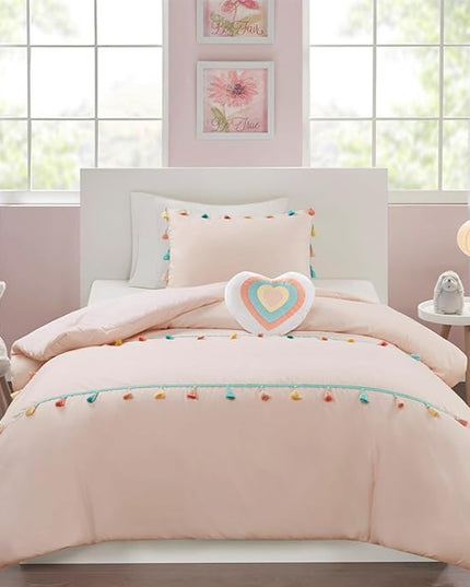 Mi Zone Kids Queen Comforter Set for Girls, Pink Comforter Set Queen, Tessa Adorable Teen Bedding Sets for Girls, Fun Colorful Pom Pom Tassel, Sham, Boho Heart Throw Pillow, Full/Queen, Blush 4 Piece - LeafyLoom