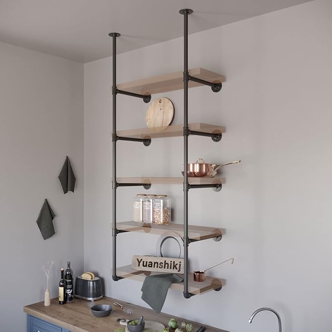 Yuanshikj 2Pc (70" tall 12" deep 3/4") Industrial Wall Mount iron Pipe Shelf Shelves Shelving Bracket Vintage Retro Black DIY Open Bookshelf Storage Home Kitchen (2 Pcs 5Tier Hardware only) - LeafyLoom