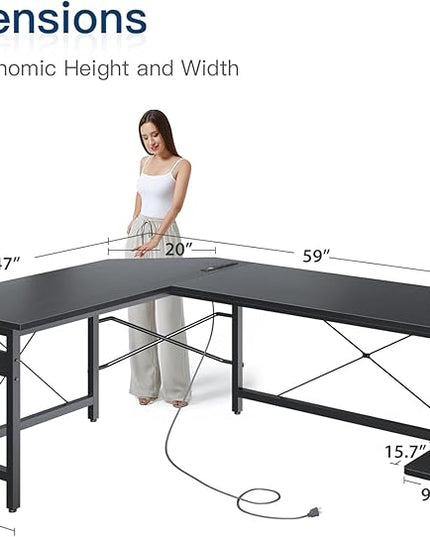 Coleshome 59" L Shaped Gaming Desk with Outlet, L Shaped Desk with CPU Stand, Corner Computer Desk, Home Office Desk, Writing Desk, Black - LeafyLoom