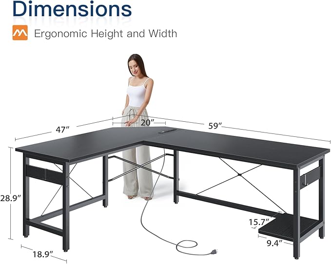 Coleshome 59" L Shaped Gaming Desk with Outlet, L Shaped Desk with CPU Stand, Corner Computer Desk, Home Office Desk, Writing Desk, Black - LeafyLoom