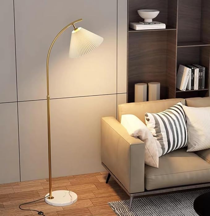 Arched Floor lamp White Fabric Curved Minimalist Floor Lamp with Pleated Shade Boho Floor Lamps for Living Room and bedroom Modern Luxury gold Corner Standing Floor lamp - LeafyLoom