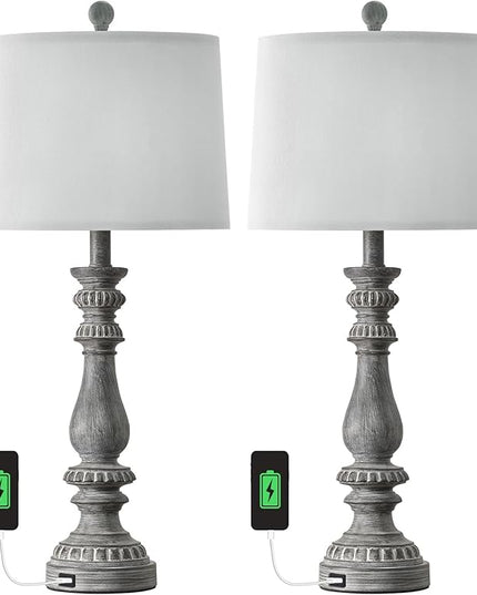 BOBOMOMO 27.75" USB Table Lamp Set of 2 Antique Retro Nightstand Lamp for Bedroom Living Room Office Resin Classic Bedside Desk Lamps with White Fabric Shade - LeafyLoom