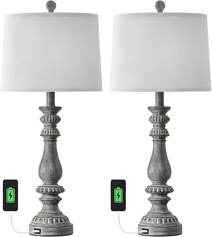 BOBOMOMO 27.75" USB Table Lamp Set of 2 Antique Retro Nightstand Lamp for Bedroom Living Room Office Resin Classic Bedside Desk Lamps with White Fabric Shade - LeafyLoom