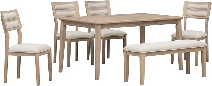 6-Piece Kitchen Dining Room Table Set with 4 Upholstered Chairs & Bench, Classic and Traditional Style, Natural Wood Wash, 60''L x 36''W x 30''H - LeafyLoom