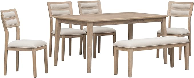 Classic and Traditional Style 6-Piece Dining Room Sets, includes 1 Table, 4 Upholstered Chairs & 1 Bench (Natural Wood Wash), 60" L x 36" W x 30" H - LeafyLoom