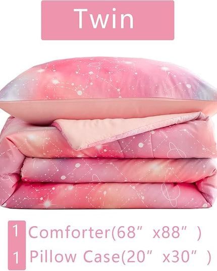 Pink Ombre Glitter Galaxy Comforter Set Twin Size for Girls, Sparkle Constellation Starry Sky Comforter for Kids Teen, 2 Piece Soft Microfiber Bedding Sets with 1 Pillow Case for All Season(Pink,Twin) - LeafyLoom