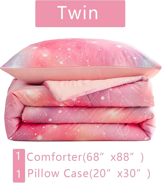 Pink Ombre Glitter Galaxy Comforter Set Twin Size for Girls, Sparkle Constellation Starry Sky Comforter for Kids Teen, 2 Piece Soft Microfiber Bedding Sets with 1 Pillow Case for All Season(Pink,Twin) - LeafyLoom