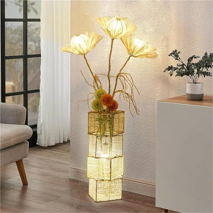 Modern Decorative Rattan Floor Lamp: Pastoral Hand-Woven Flower Night Light - Creative Standing Smart Corner Lamp for Reading Living Room Bedroom Tea Room Club Office Sofa Side - LeafyLoom