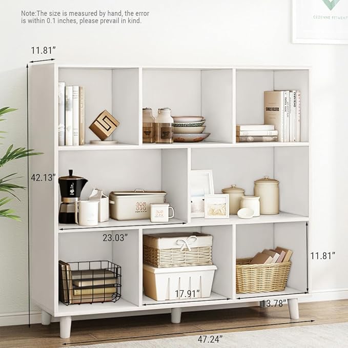 IOTXY Open Cube Low Bookcase - 3-Tier Freestanding Storage Display Cabinet Organizer with Legs for Home Office, 8-Cubes Open Shelf Short Bookshelf, White - LeafyLoom