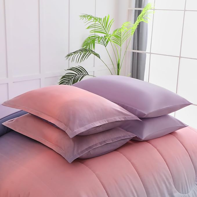 Dinjoy Girls Comforter Set Twin Size Colorful Rainbow Ombre Pink Purple Light Blue Bedding Set Gradient 6 Pieces Bed in A Bag for Kids Teen Women(1 Comforter, 1 Flat Sheet, 1 Fitted Sheet) - LeafyLoom
