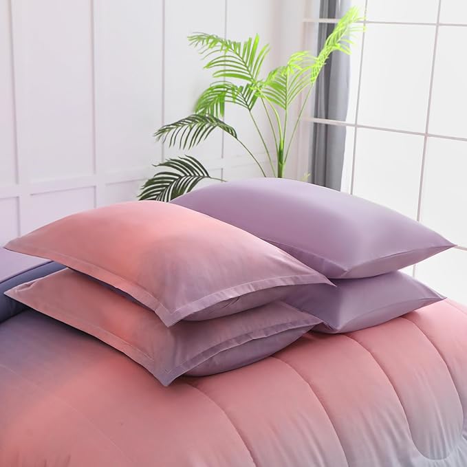 6 Pieces Comforter Set Twin Size for Girls - Gradient Pink and Purple All Season Teens Comforter Bedding Set, Ultra-Soft Fluffy Down Alternative Microfiber Bed in a Bag for Kids - LeafyLoom