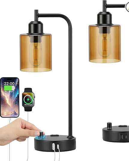Industrial Bedside Lamps for Nightstand Set of 2 - Fully Dimmable Bedroom Lamps with USB A C Ports and Outlet, Black Table Lamps with Amber Glass Shade for Living Room, Desk Lamps for Office Reading - LeafyLoom
