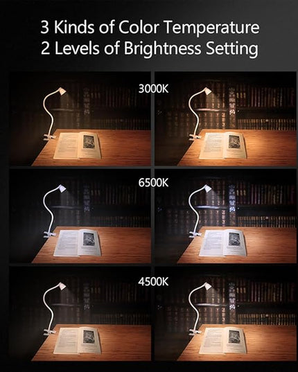 Clip on Reading Light, Clamp Lamp for Desk, 3000-6500K Adjustable Color Temperature, 6 Illumination Modes, 10 Led Beads(White) - LeafyLoom