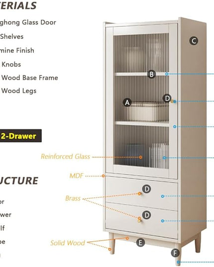 Wooden Glass Door Bookcase - 3-Tier Cube Bookshelf Storage Cabinet with Double Drawer and Adjustable Shelf, Solid Wood Legs Cupboard in Warm White - LeafyLoom