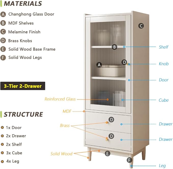 Wooden Glass Door Bookcase - 3-Tier Cube Bookshelf Storage Cabinet with Double Drawer and Adjustable Shelf, Solid Wood Legs Cupboard in Warm White - LeafyLoom