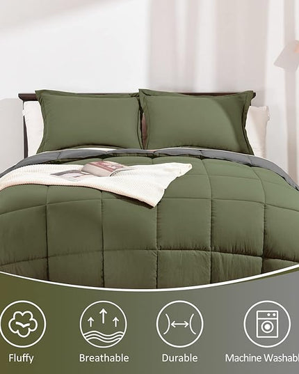 Basic Beyond Queen Comforter Set - Fluffy Comforter Queen Set for All Seasons - Reversible Olive Green Queen Comforter Set for Mens - 3 Pieces (1 Comforter + 2 Pillow Shams) - Olive Green/Drak Gray - LeafyLoom